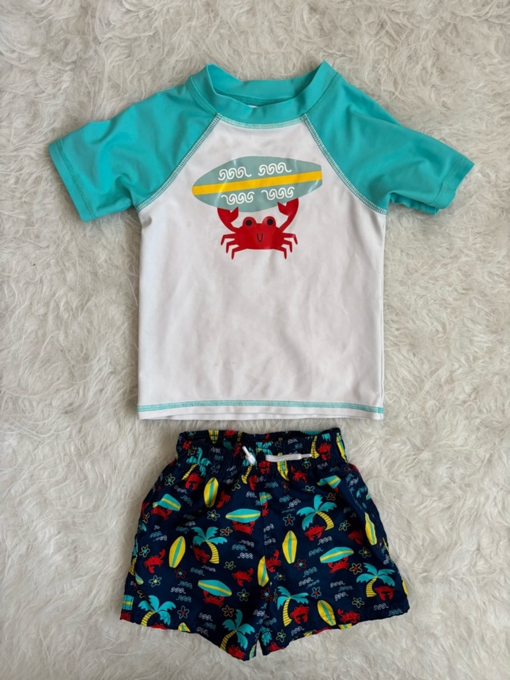 Toddler Boys Surfing Crab Rashguard Swimsuit Set - Aqua and Navy